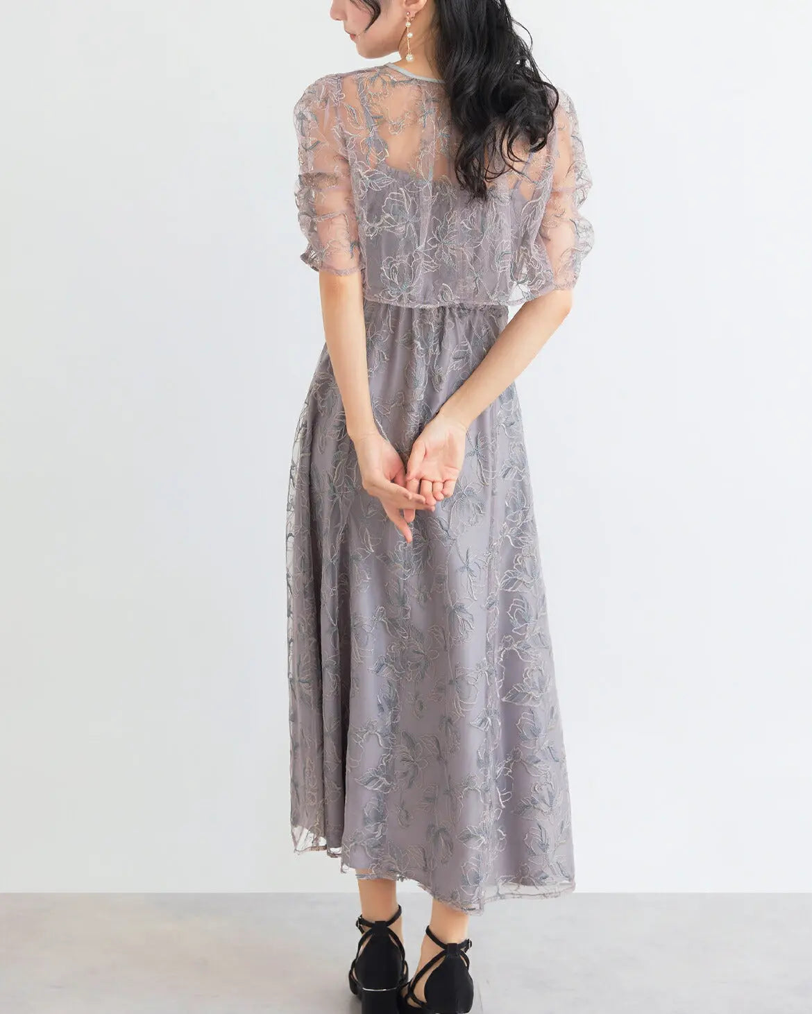 ドレスパーティードレス結婚式ワンピースお呼ばれロング春夏フォーマルプリーツパーティーレースロングドレス袖あり大きいサイズ