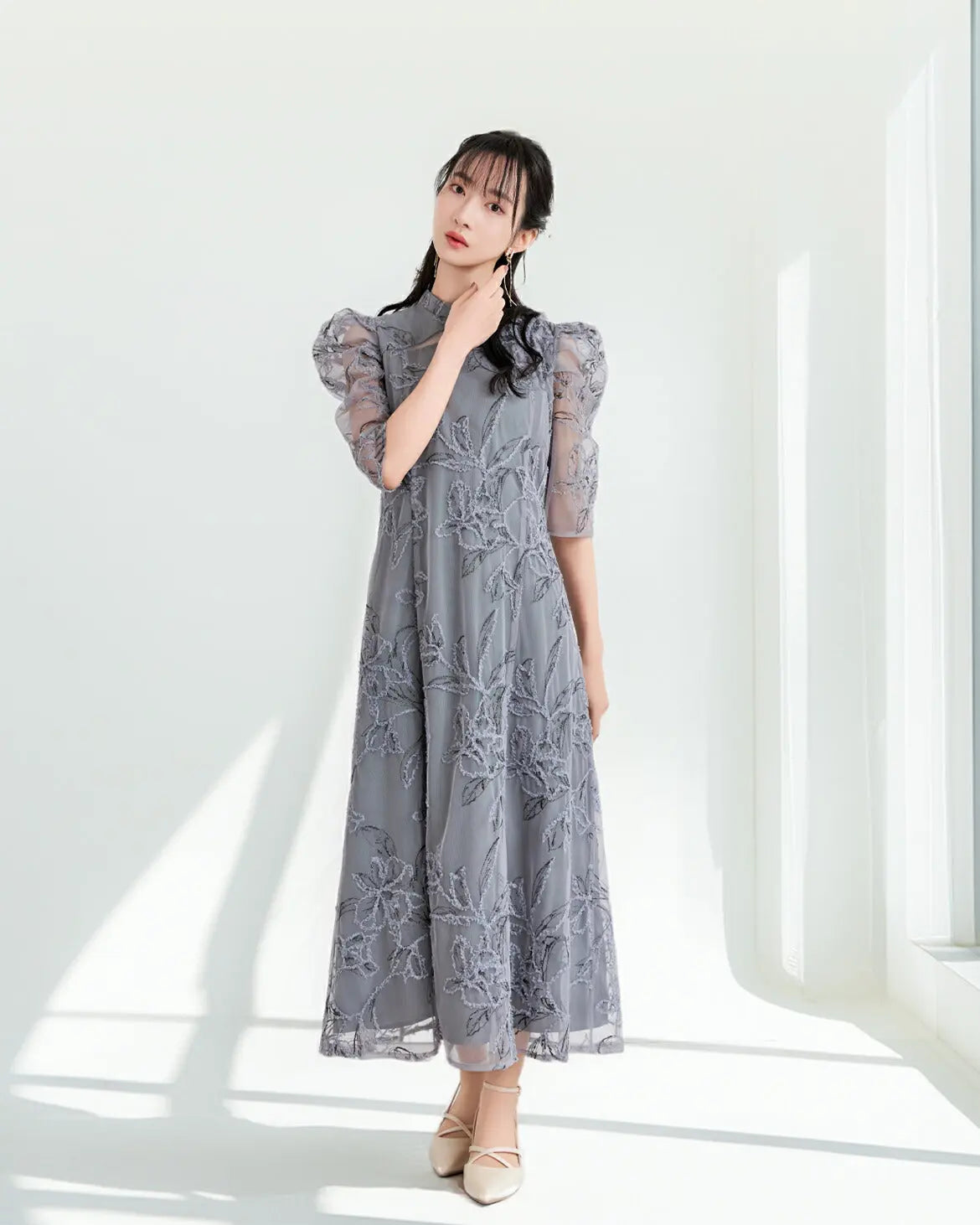 ドレスパーティードレス結婚式ワンピースお呼ばれロング春夏フォーマルプリーツパーティーレースロングドレス袖あり大きいサイズ