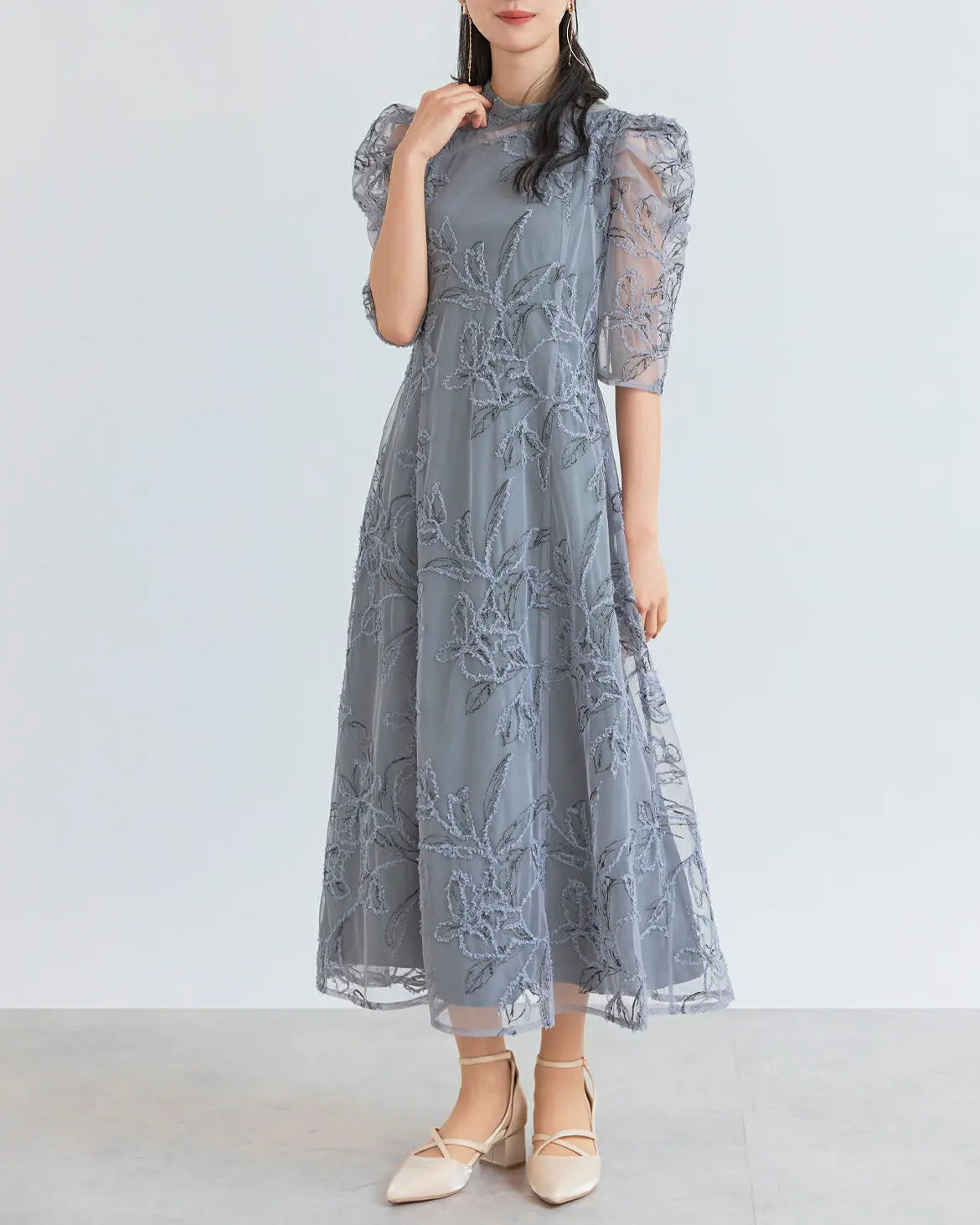 ドレスパーティードレス結婚式ワンピースお呼ばれロング春夏フォーマルプリーツパーティーレースロングドレス袖あり大きいサイズ