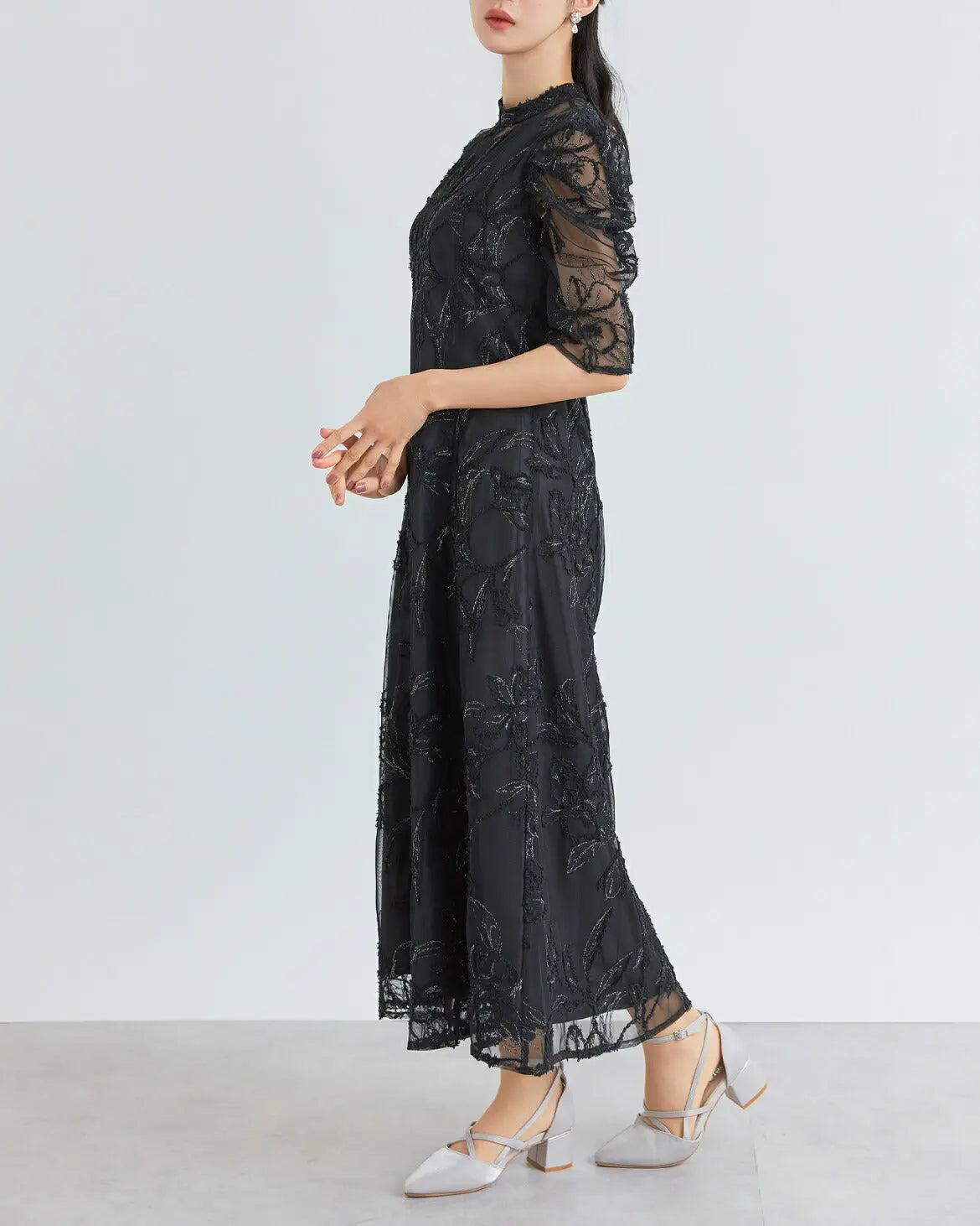 ドレスパーティードレス結婚式ワンピースお呼ばれロング春夏フォーマルプリーツパーティーレースロングドレス袖あり大きいサイズ