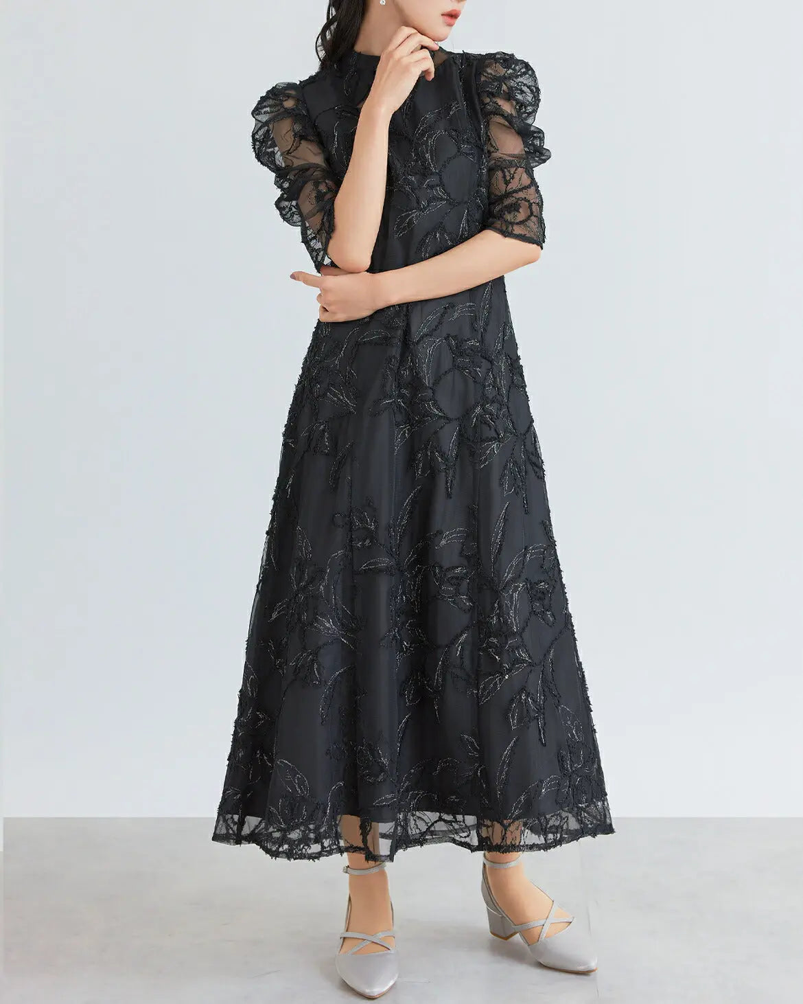 ドレスパーティードレス結婚式ワンピースお呼ばれロング春夏フォーマルプリーツパーティーレースロングドレス袖あり大きいサイズ