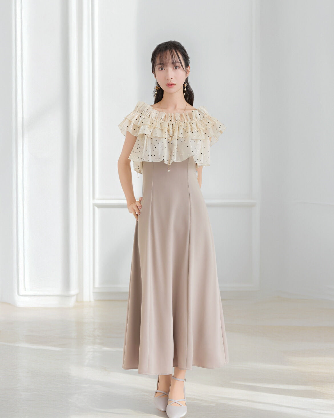 パーティードレス ドットティアードトップス付き フリルオーガンジー ロングドレス 結婚式 お呼ばれ 二次会に最適 袖あり 大きいサイズ 成人式 謝恩会 春夏フォーマル