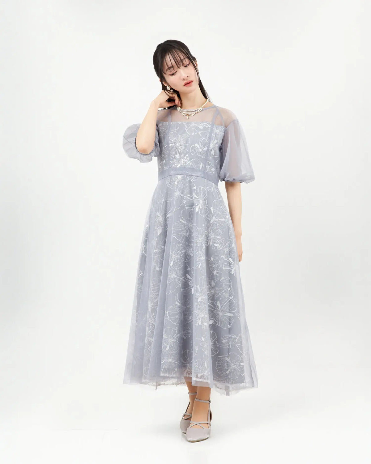 Twinkle Girls パーティードレス 結婚式 体型カバー お呼ばれ ワンピースドレス 30代 40代 花刺繍 シアー パフ袖 レディース M/L - パーティードレス通販TwinkleGIrls