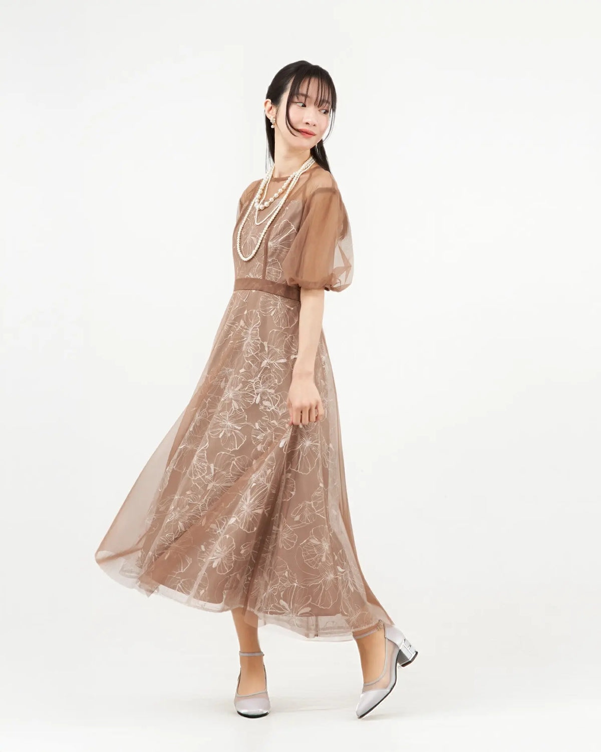 Twinkle Girls パーティードレス 結婚式 体型カバー お呼ばれ ワンピースドレス 30代 40代 花刺繍 シアー パフ袖 レディース M/L - パーティードレス通販TwinkleGIrls