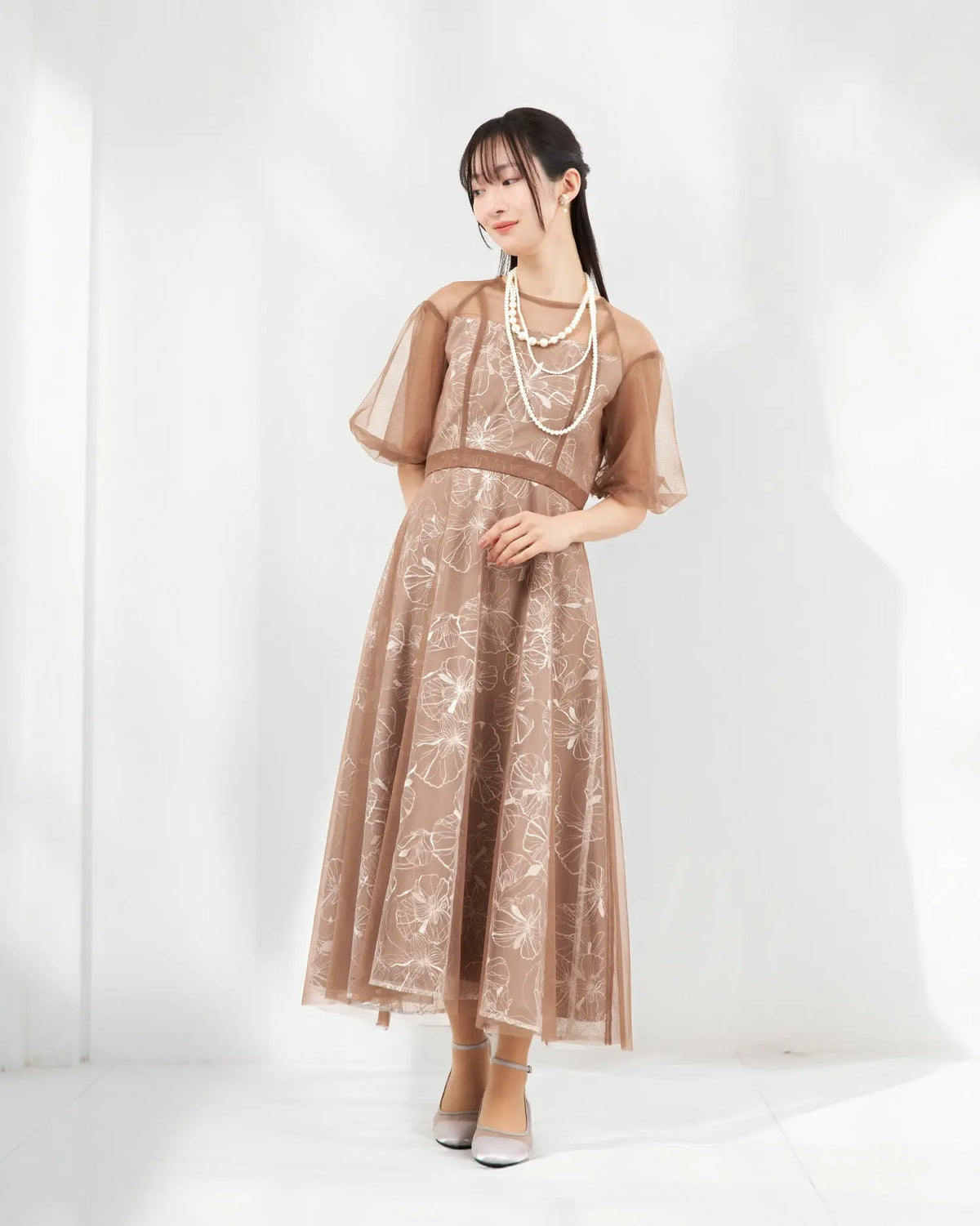 Twinkle Girls パーティードレス 結婚式 体型カバー お呼ばれ ワンピースドレス 30代 40代 花刺繍 シアー パフ袖 レディース M/L - パーティードレス通販TwinkleGIrls