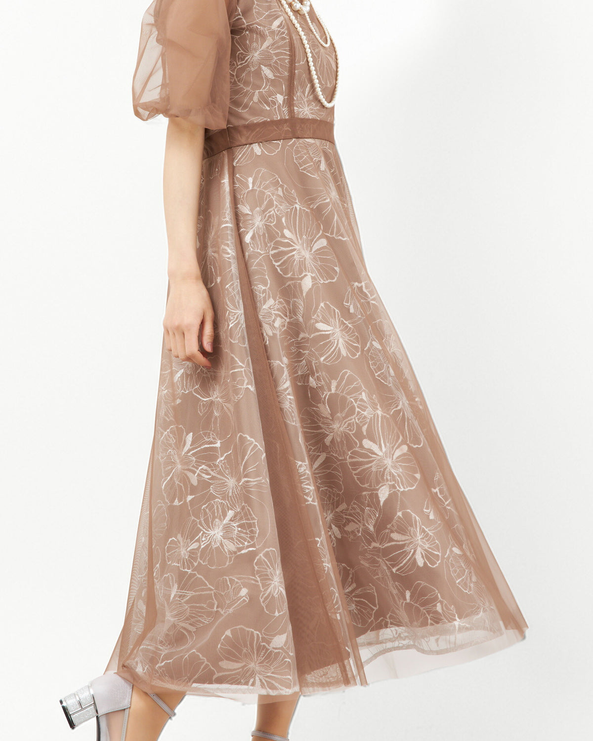 Twinkle Girls パーティードレス 結婚式 体型カバー お呼ばれ ワンピースドレス 30代 40代 花刺繍 シアー パフ袖 レディース M/L - パーティードレス通販TwinkleGIrls