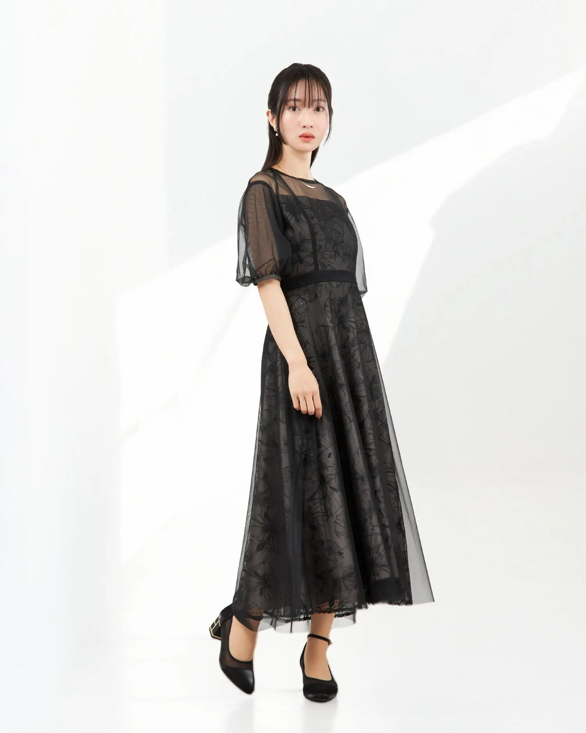 Twinkle Girls パーティードレス 結婚式 体型カバー お呼ばれ ワンピースドレス 30代 40代 花刺繍 シアー パフ袖 レディース M/L - パーティードレス通販TwinkleGIrls