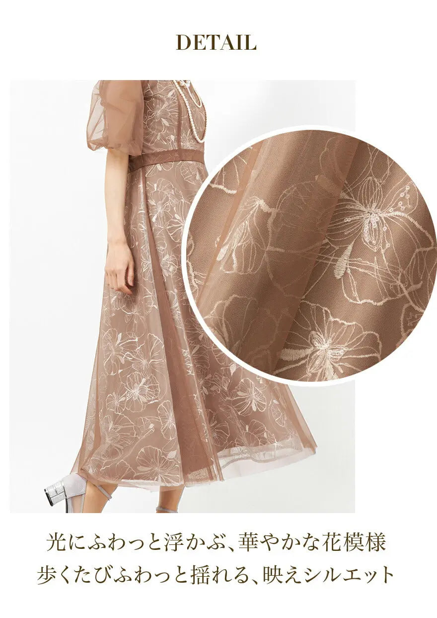 Twinkle Girls パーティードレス 結婚式 体型カバー お呼ばれ ワンピースドレス 30代 40代 花刺繍 シアー パフ袖 レディース M/L - パーティードレス通販TwinkleGIrls