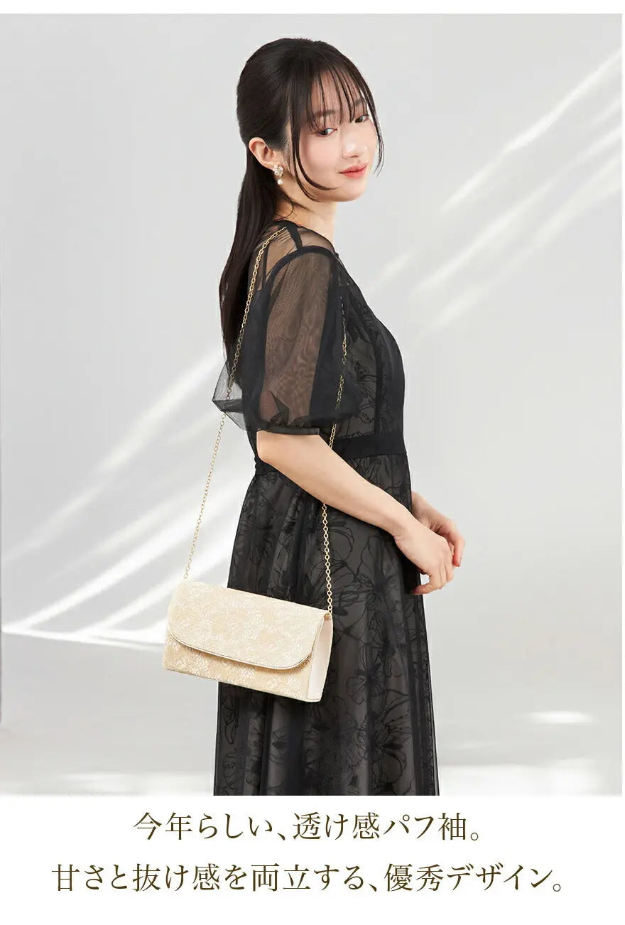 Twinkle Girls パーティードレス 結婚式 体型カバー お呼ばれ ワンピースドレス 30代 40代 花刺繍 シアー パフ袖 レディース M/L - パーティードレス通販TwinkleGIrls