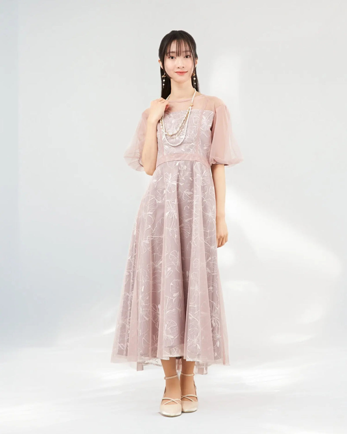 Twinkle Girls パーティードレス 結婚式 体型カバー お呼ばれ ワンピースドレス 30代 40代 花刺繍 シアー パフ袖 レディース M/L - パーティードレス通販TwinkleGIrls