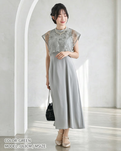 ドレスパーティードレス結婚式ワンピースお呼ばれロング春夏フォーマルプリーツパーティーレースロングドレス袖あり大きいサイズ