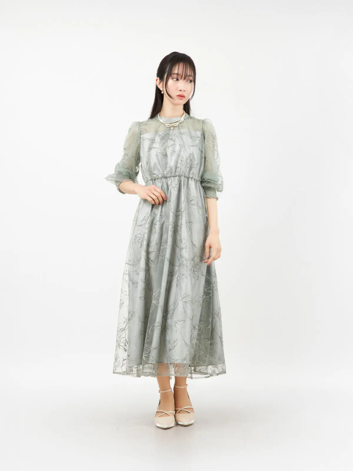 パーティードレス 花刺繍 シアー 袖あり レディース 結婚式 お呼ばれ 体型カバー 総ゴム ウエスト M/L対応 1969 - パーティードレス通販TwinkleGIrls