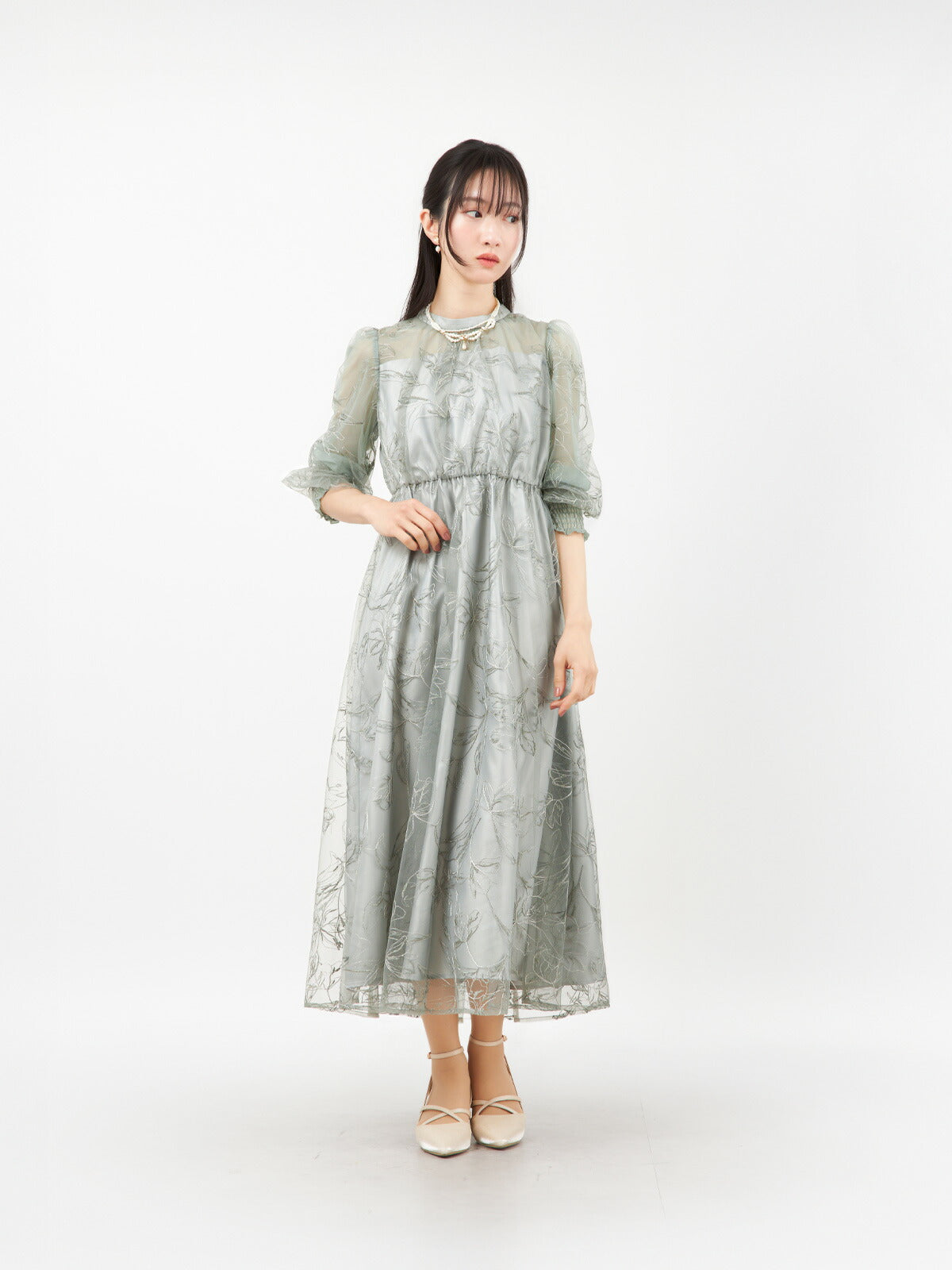 パーティードレス 花刺繍 シアー 袖あり レディース 結婚式 お呼ばれ 体型カバー 総ゴム ウエスト M/L対応 1969 パーティードレス通販TwinkleGirls