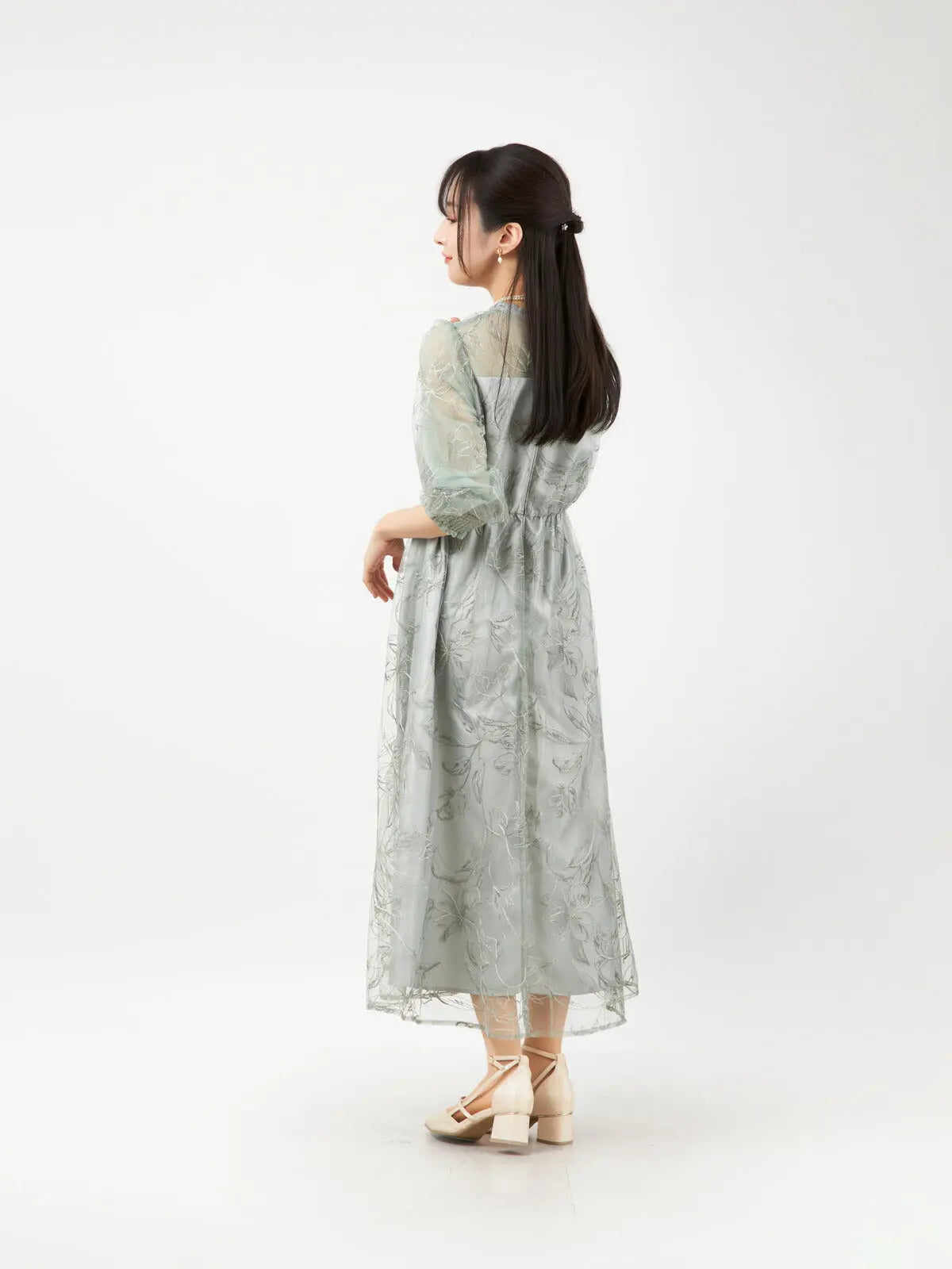 パーティードレス 花刺繍 シアー 袖あり レディース 結婚式 お呼ばれ 体型カバー 総ゴム ウエスト M/L対応 1969 - パーティードレス通販TwinkleGIrls