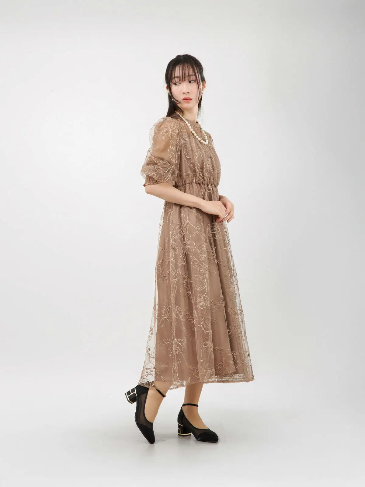 パーティードレス 花刺繍 シアー 袖あり レディース 結婚式 お呼ばれ 体型カバー 総ゴム ウエスト M/L対応 1969 - パーティードレス通販TwinkleGIrls
