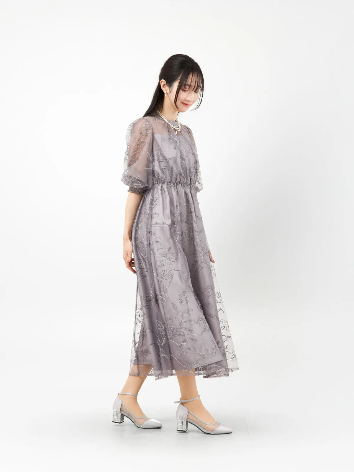 パーティードレス 花刺繍 シアー 袖あり レディース 結婚式 お呼ばれ 体型カバー 総ゴム ウエスト M/L対応 1969 - パーティードレス通販TwinkleGIrls