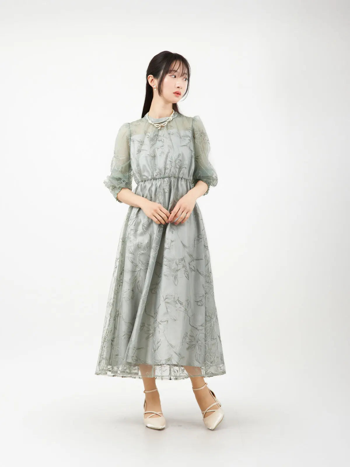 パーティードレス 花刺繍 シアー 袖あり レディース 結婚式 お呼ばれ 体型カバー 総ゴム ウエスト M/L対応 1969 - パーティードレス通販TwinkleGIrls
