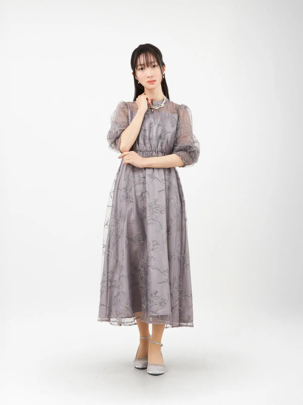 パーティードレス 花刺繍 シアー 袖あり レディース 結婚式 お呼ばれ 体型カバー 総ゴム ウエスト M/L対応 1969 - パーティードレス通販TwinkleGIrls