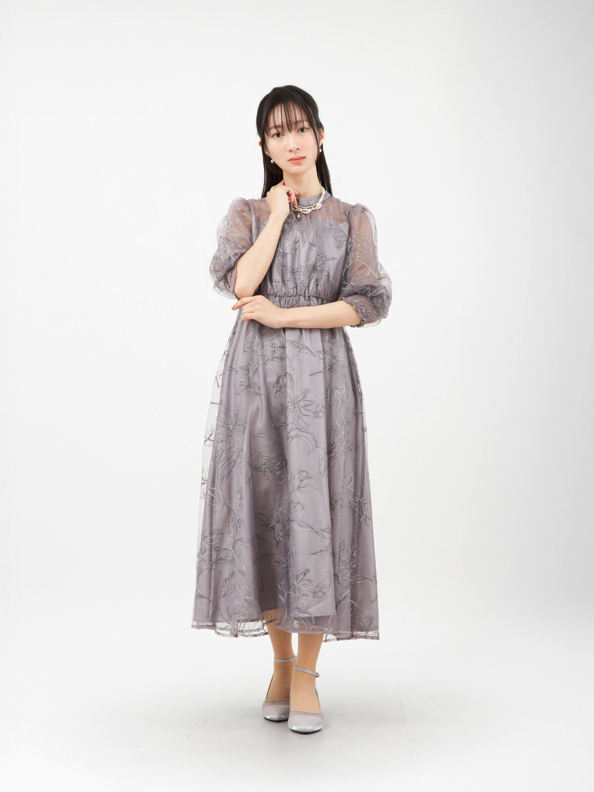 パーティードレス 花刺繍 シアー 袖あり レディース 結婚式 お呼ばれ 体型カバー 総ゴム ウエスト M/L対応 1969 パーティードレス通販TwinkleGirls