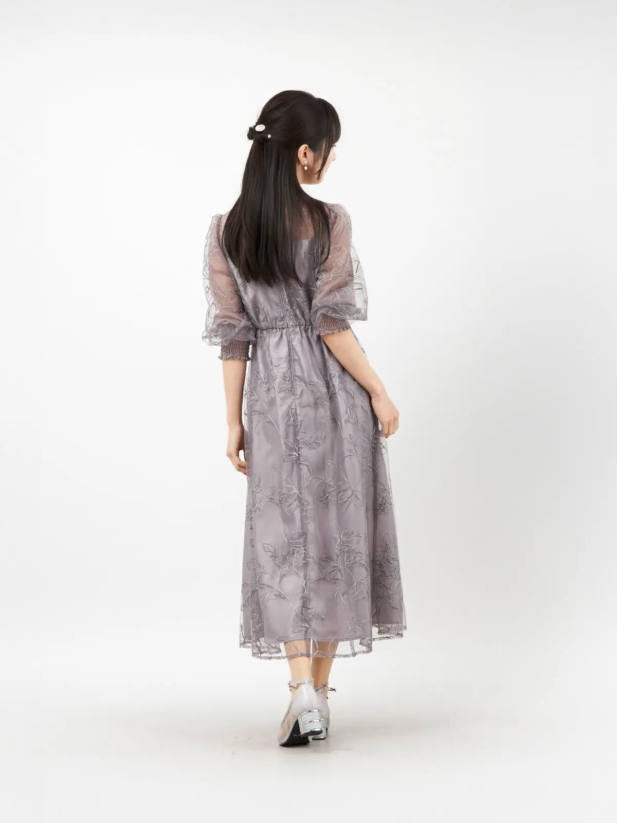パーティードレス 花刺繍 シアー 袖あり レディース 結婚式 お呼ばれ 体型カバー 総ゴム ウエスト M/L対応 1969 - パーティードレス通販TwinkleGIrls