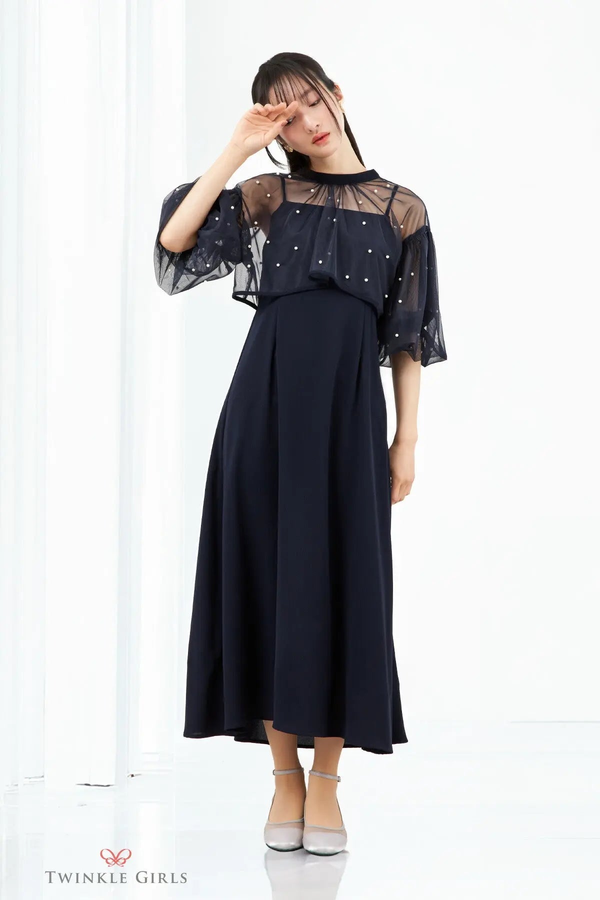 ドレスパーティードレス結婚式ワンピースお呼ばれロング春夏フォーマルプリーツパーティーレースロングドレス袖あり大きいサイズ