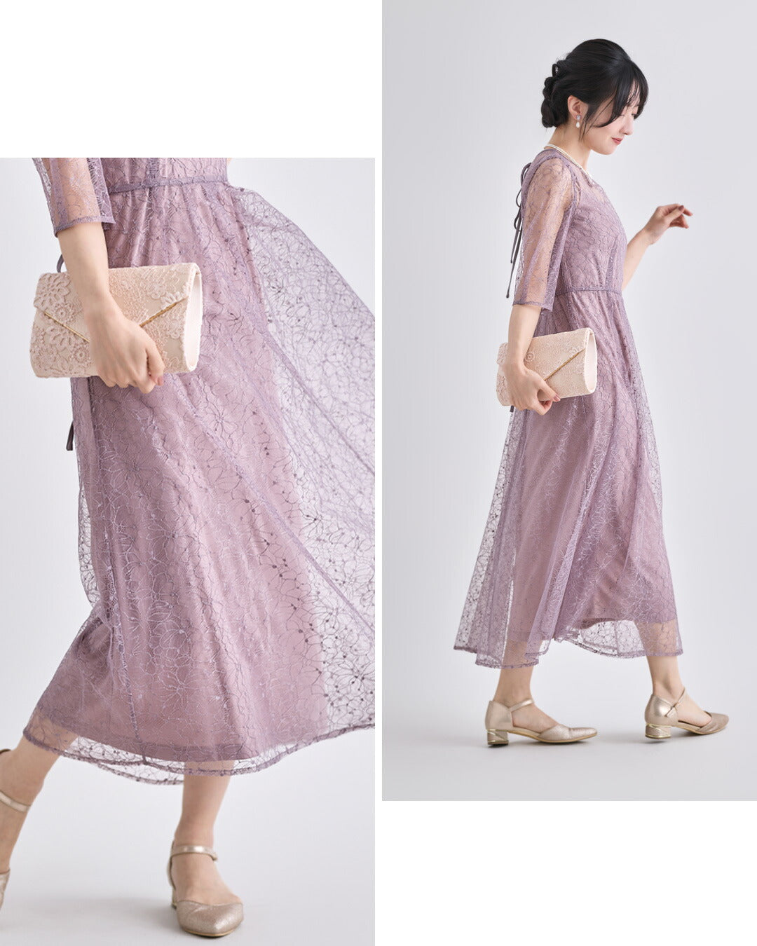 2ピースセットアップ  モーブピンクを着用したモデルのポーズ写真