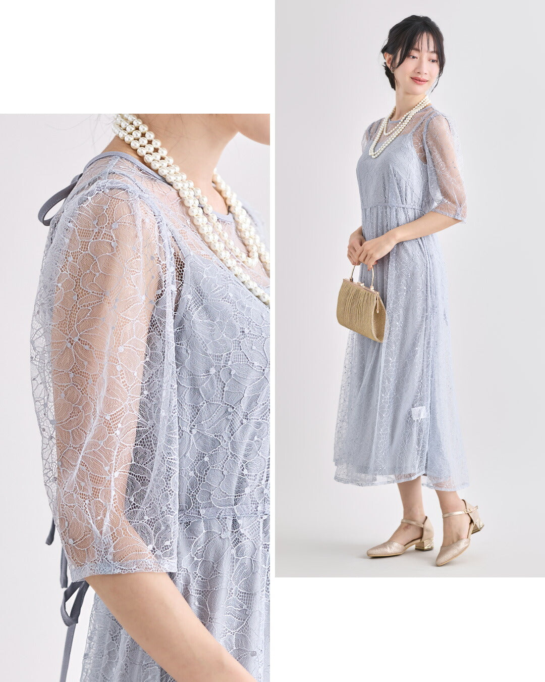 2ピースセットアップ  ブルーグレーを着用したモデルのポーズ写真