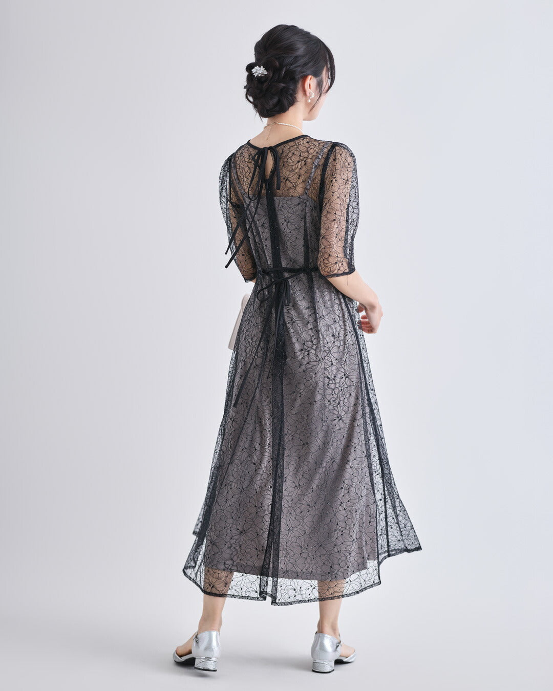 ドレスパーティードレス結婚式ワンピースお呼ばれロング春夏フォーマルプリーツパーティーレースロングドレス袖あり大きいサイズ