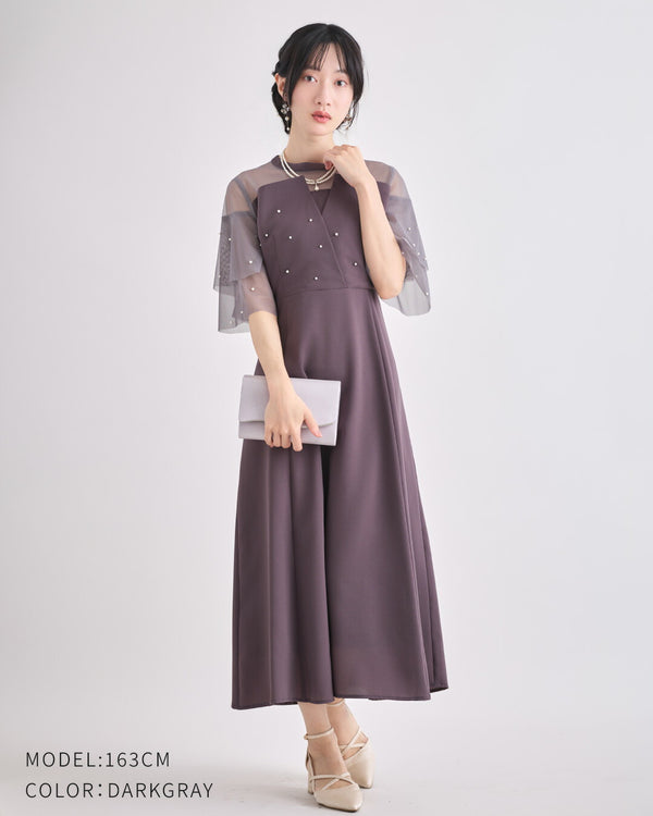 TwinkleGirls パーティードレス 結婚式 ワンピース パール チュール袖 体型カバー Aライン お呼ばれ 披露宴 二次会 袖あり S M L ダークグレー ブルー ブラック partydress1995