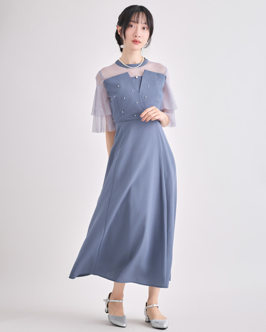 ドレスパーティードレス結婚式ワンピースお呼ばれロング春夏フォーマルプリーツパーティーレースロングドレス袖あり大きいサイズ