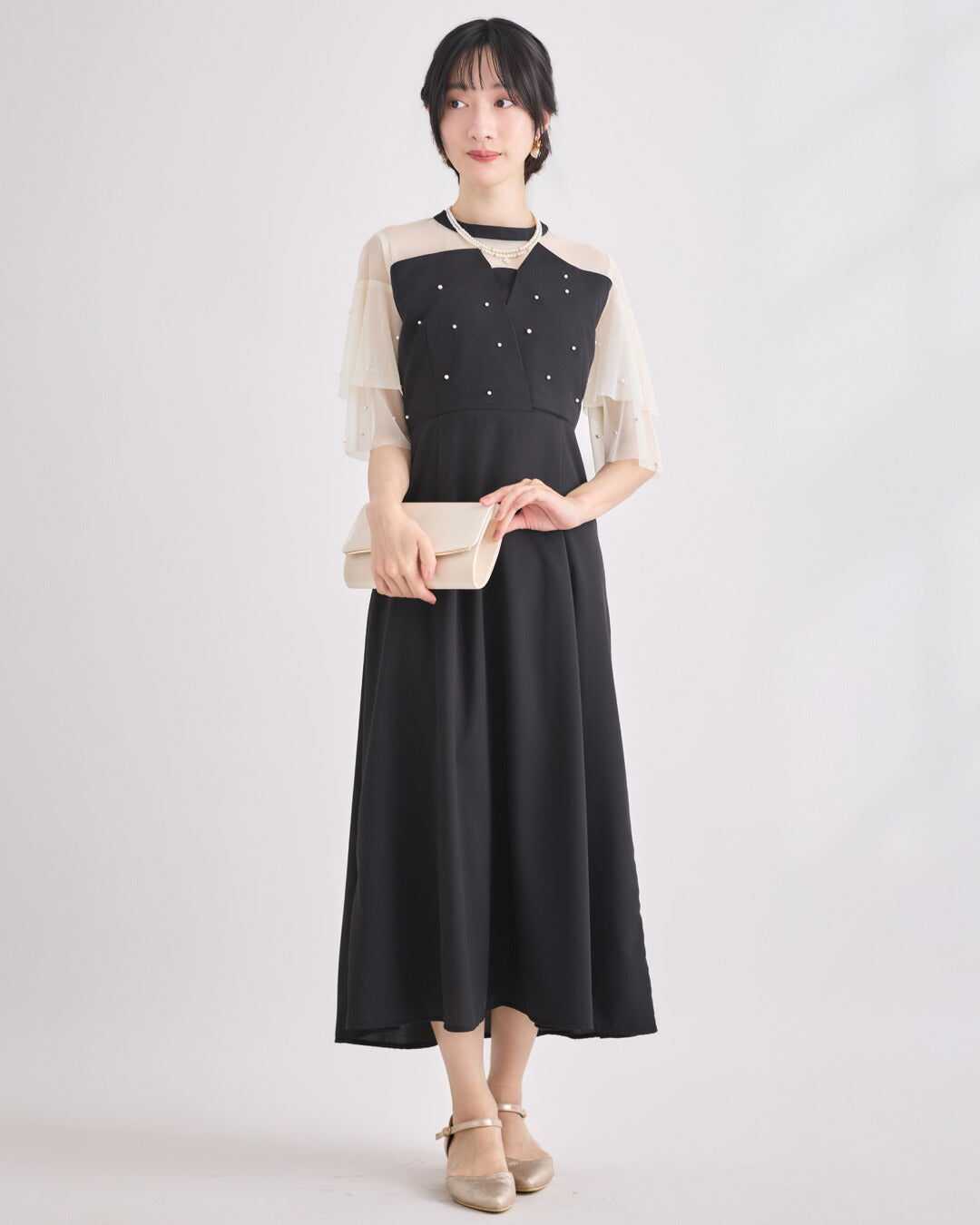 ドレスパーティードレス結婚式ワンピースお呼ばれロング春夏フォーマルプリーツパーティーレースロングドレス袖あり大きいサイズ