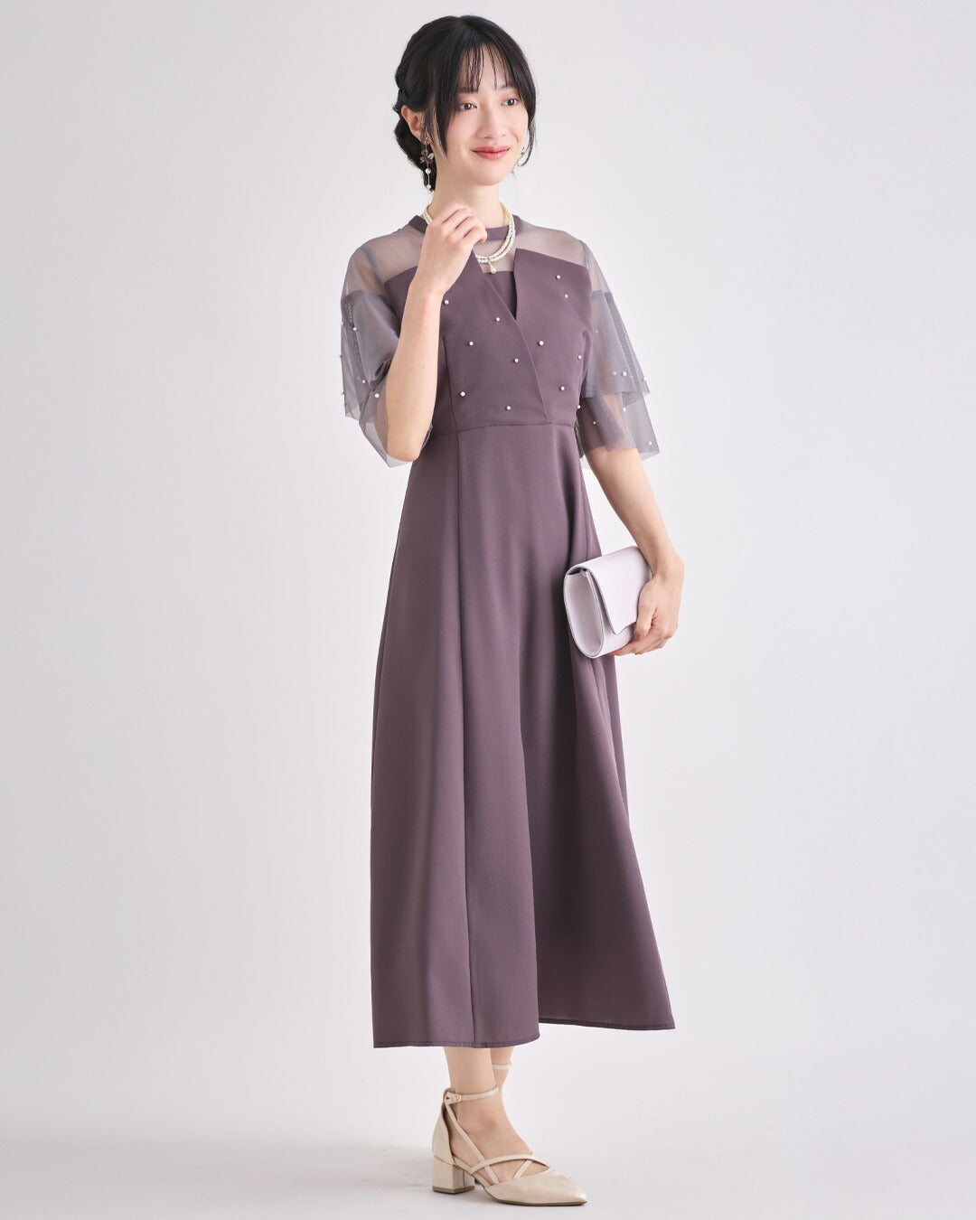 ドレスパーティードレス結婚式ワンピースお呼ばれロング春夏フォーマルプリーツパーティーレースロングドレス袖あり大きいサイズ