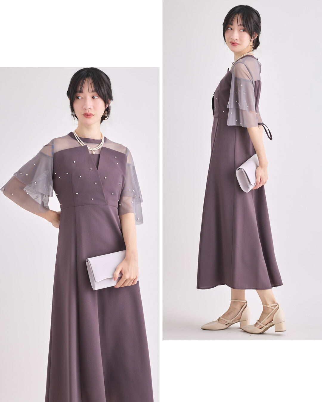 ドレスパーティードレス結婚式ワンピースお呼ばれロング春夏フォーマルプリーツパーティーレースロングドレス袖あり大きいサイズ