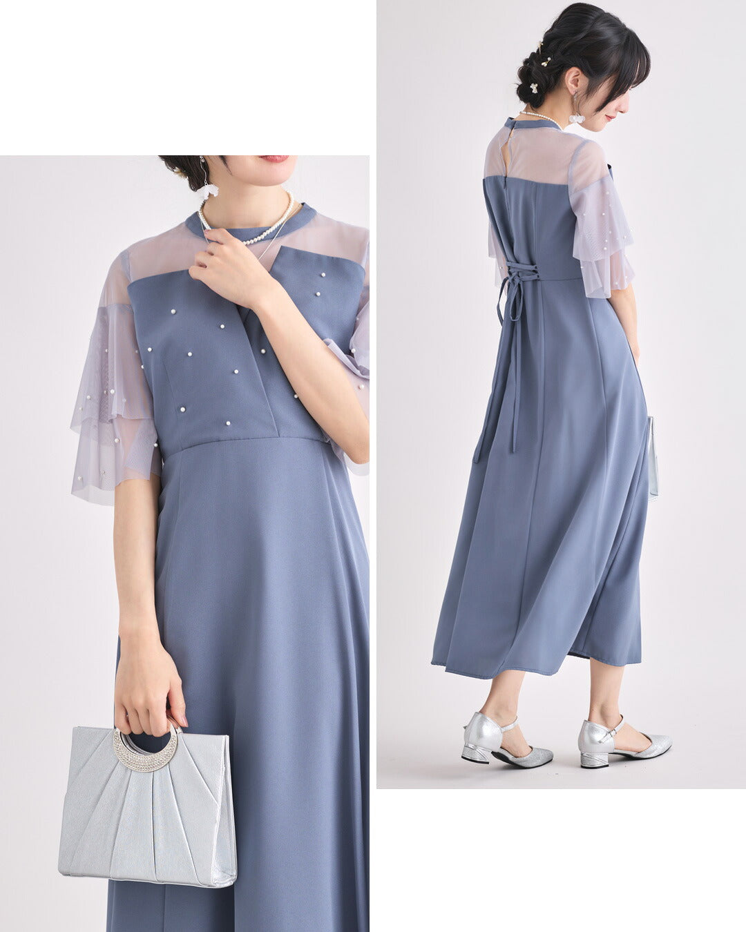 ドレスパーティードレス結婚式ワンピースお呼ばれロング春夏フォーマルプリーツパーティーレースロングドレス袖あり大きいサイズ