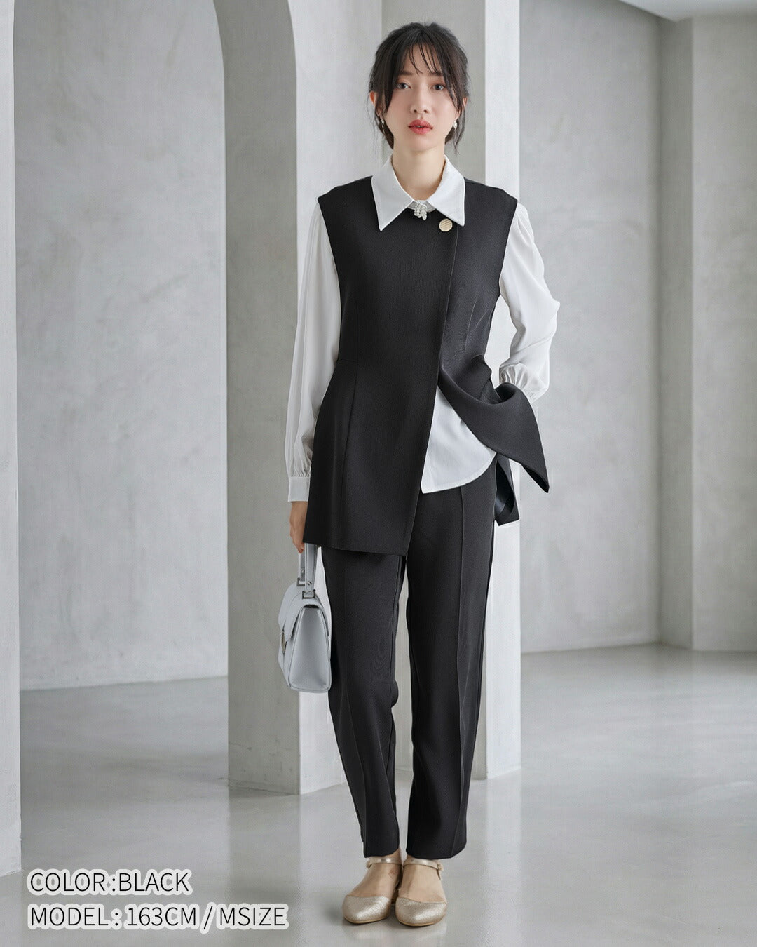 アシンメトリージレ＆パンツセットアップ 結婚式 卒業式 入学式 ママスーツ パンツドレス フォーマル 体型カバー 大きいサイズ レディース 黒 紺