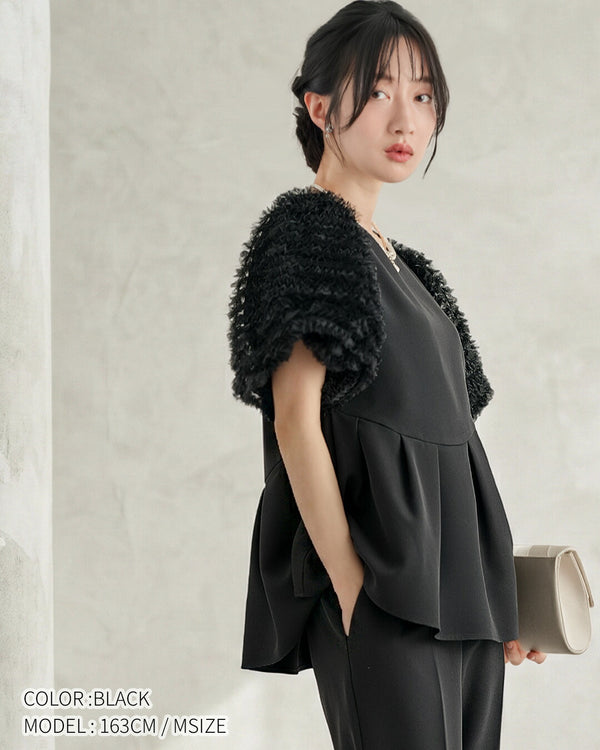 【M-3L】フリンジ袖 ペプラム パンツドレス 結婚式 セットアップ パーティードレス 袖あり 大きいサイズ 体型カバー 卒業式 黒