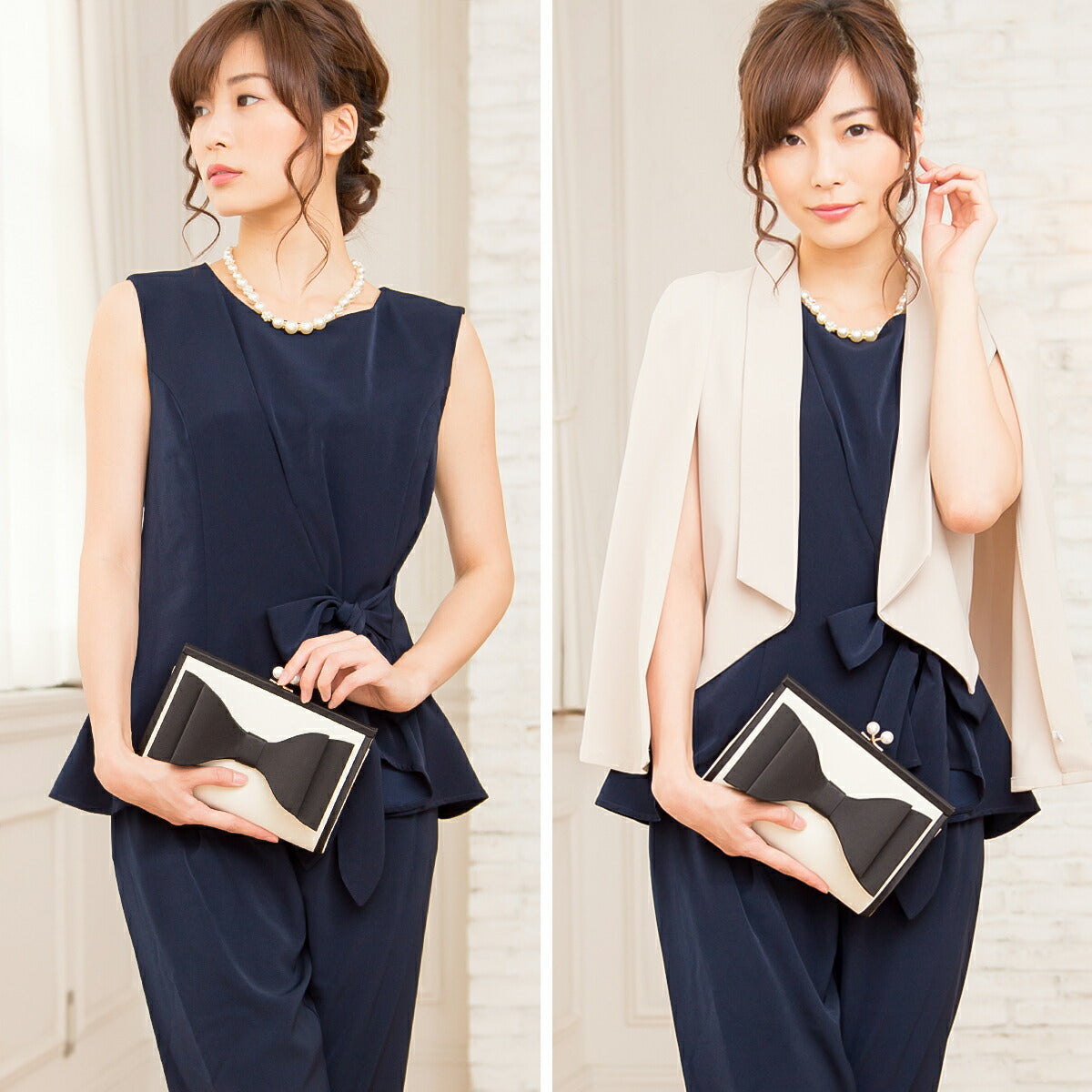 パーティードレス結婚式/パンツスタイル/ドレス/秋冬/20代/30代/お呼ばれパンツドレス/リボン/パンツ/エステルストレッチ/ペプラムネイビー/ミックス/ブラック/Mサイズ/Ｌサイズ/9号/11号