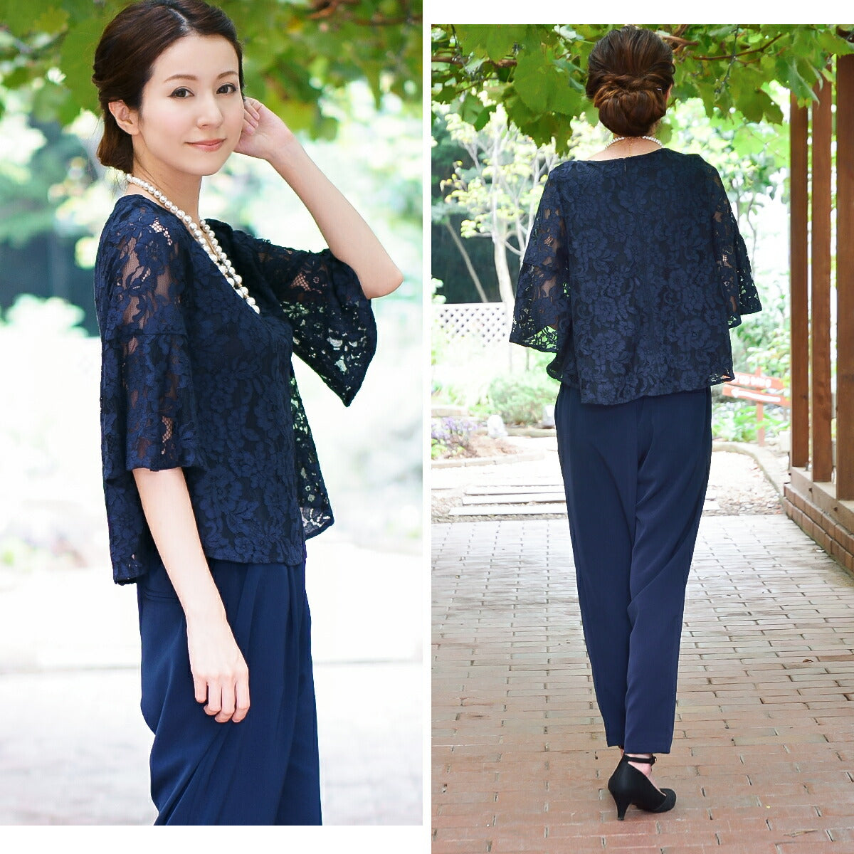 結婚式/パンツスタイル/ドレス/秋冬/20代/30代/お呼ばれパンツドレス/コードレース/パンツ/エステルストレッチ/レース/5分丈/ネイビー/ミックス/ブラック/Mサイズ/Ｌサイズ/9号/11号