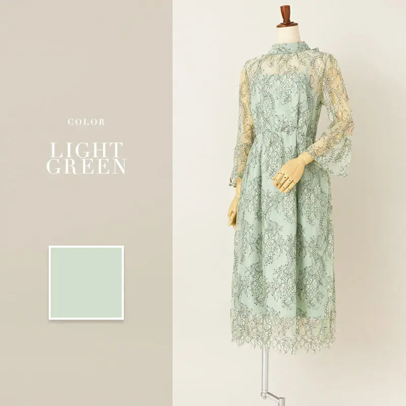 パーティードレス 結婚式 ワンピース ドレス お呼ばれ 春夏 袖あり ロング丈 ボウタイ 総レース 全3色