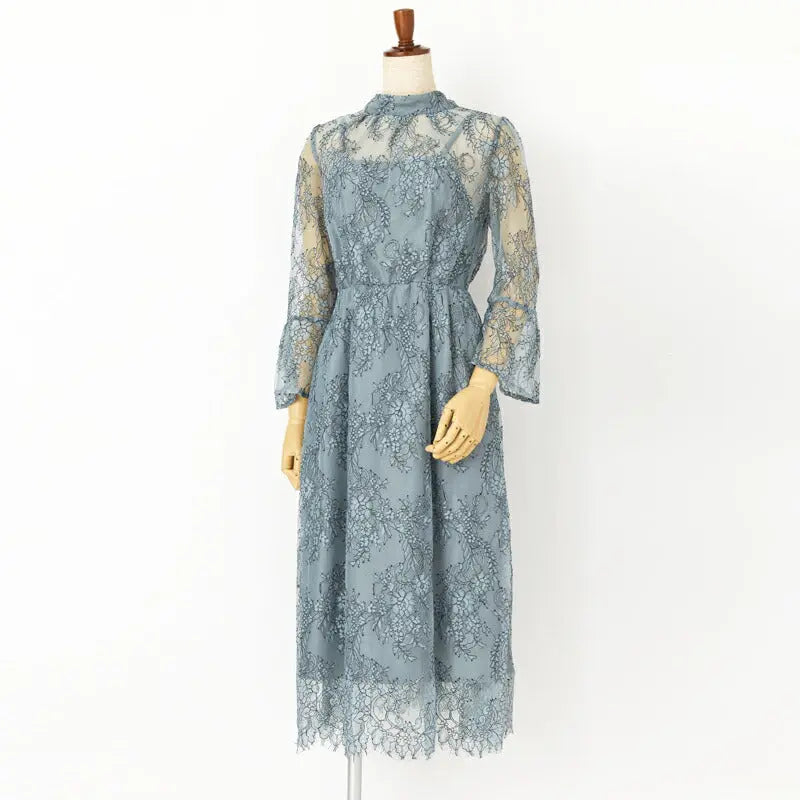 パーティードレス結婚式ワンピースドレスお呼ばれ袖あり半袖体型カバージョーゼットスカラップレースウエストゴム膝丈ミモレ丈パーティー披露宴謝恩会同窓会成人式フォーマルレディース服即日配送