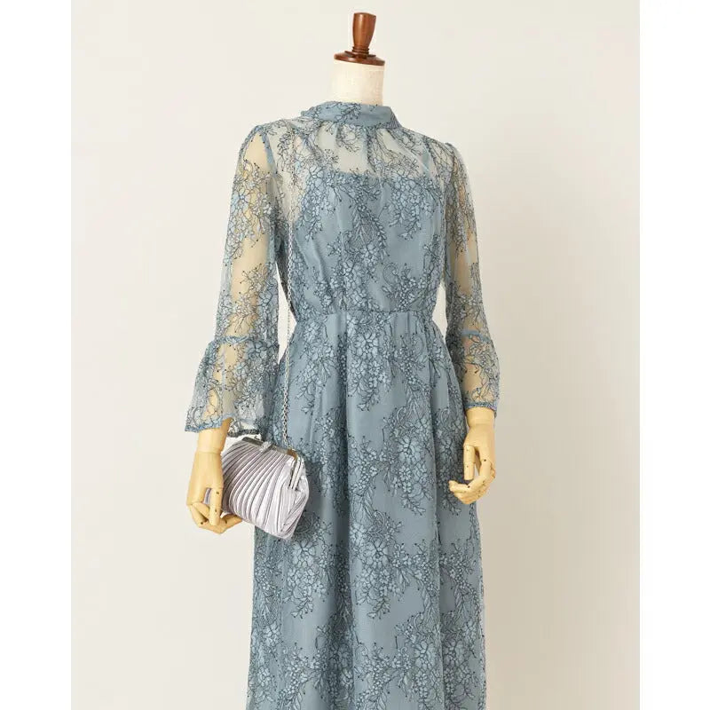 パーティードレス結婚式ワンピースドレスお呼ばれ袖あり半袖体型カバージョーゼットスカラップレースウエストゴム膝丈ミモレ丈パーティー披露宴謝恩会同窓会成人式フォーマルレディース服即日配送