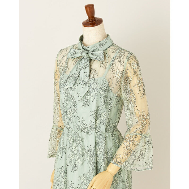 パーティードレス結婚式ワンピースドレスお呼ばれ袖あり半袖体型カバージョーゼットスカラップレースウエストゴム膝丈ミモレ丈パーティー披露宴謝恩会同窓会成人式フォーマルレディース服即日配送