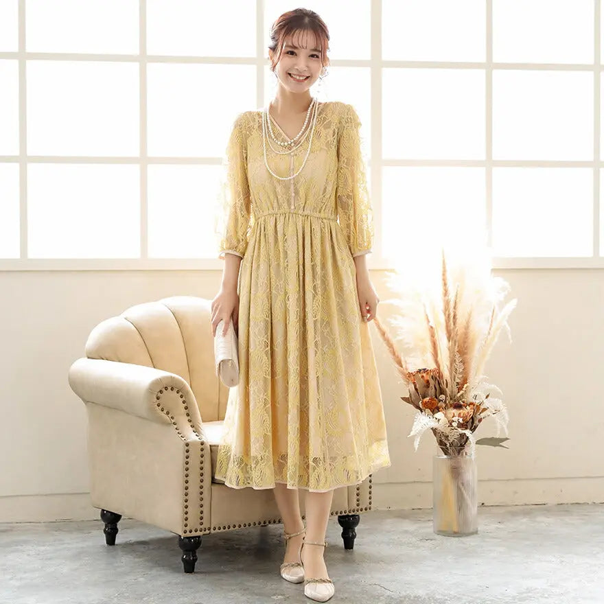 パーティードレス結婚式ワンピースドレスお呼ばれ袖チュール7分袖体型カバージョーゼットラップスカート風ウエストゴム膝丈ミモレ丈パーティー披露宴謝恩会同窓会成人式フォーマルレディース服即日配送