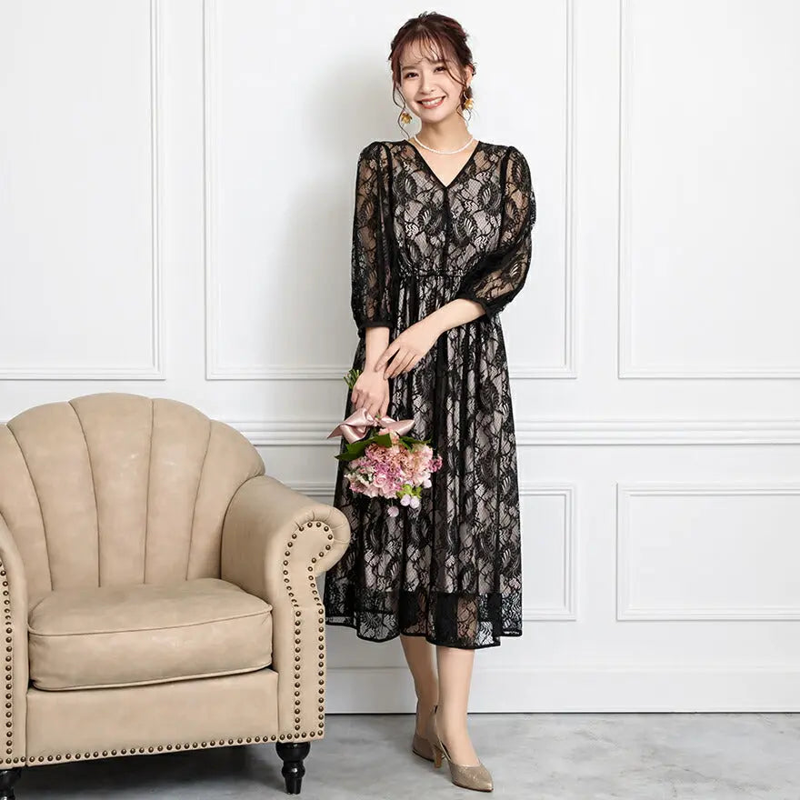 パーティードレス結婚式ワンピースドレスお呼ばれ袖チュール7分袖体型カバージョーゼットラップスカート風ウエストゴム膝丈ミモレ丈パーティー披露宴謝恩会同窓会成人式フォーマルレディース服即日配送