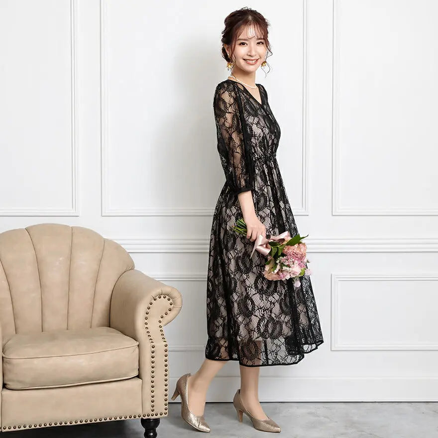 パーティードレス結婚式ワンピースドレスお呼ばれ袖あり半袖体型カバージョーゼットスカラップレースウエストゴム膝丈ミモレ丈パーティー披露宴謝恩会同窓会成人式フォーマルレディース服即日配送