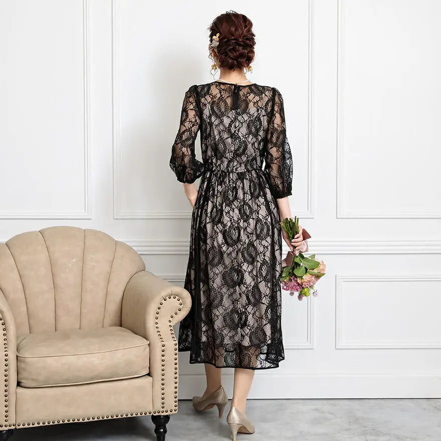 パーティードレス結婚式ワンピースドレスお呼ばれ袖あり半袖体型カバージョーゼットスカラップレースウエストゴム膝丈ミモレ丈パーティー披露宴謝恩会同窓会成人式フォーマルレディース服即日配送