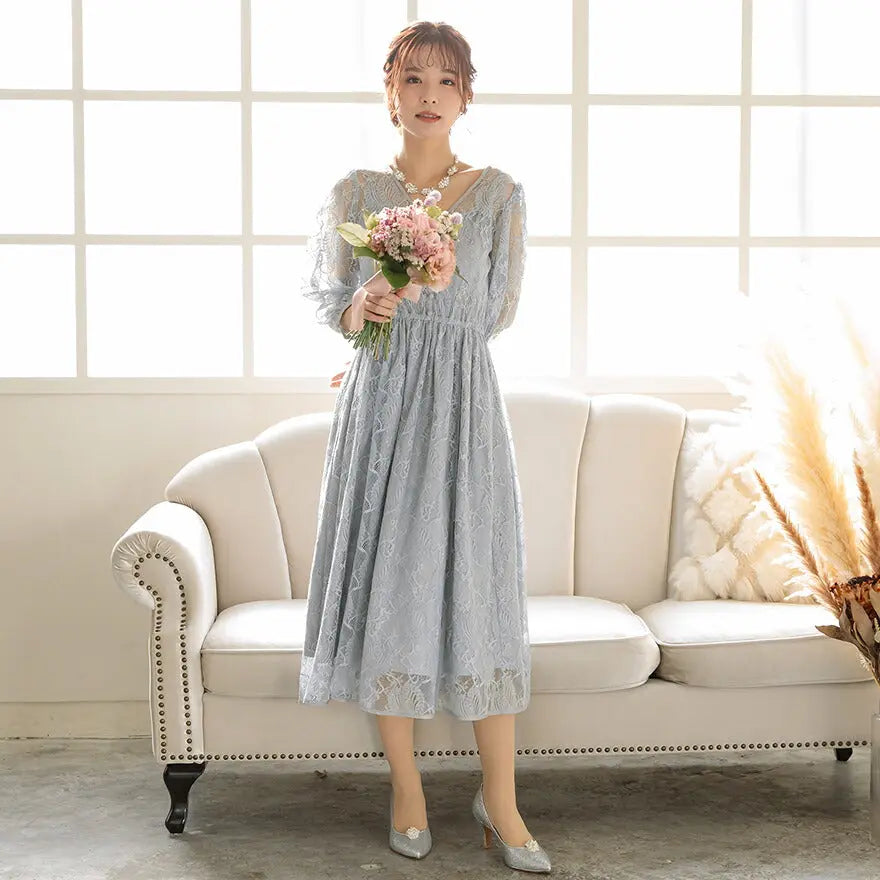 パーティードレス結婚式ワンピースドレスお呼ばれ袖あり半袖体型カバージョーゼットスカラップレースウエストゴム膝丈ミモレ丈パーティー披露宴謝恩会同窓会成人式フォーマルレディース服即日配送