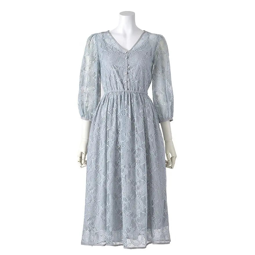 パーティードレス結婚式ワンピースドレスお呼ばれ袖あり半袖体型カバージョーゼットスカラップレースウエストゴム膝丈ミモレ丈パーティー披露宴謝恩会同窓会成人式フォーマルレディース服即日配送