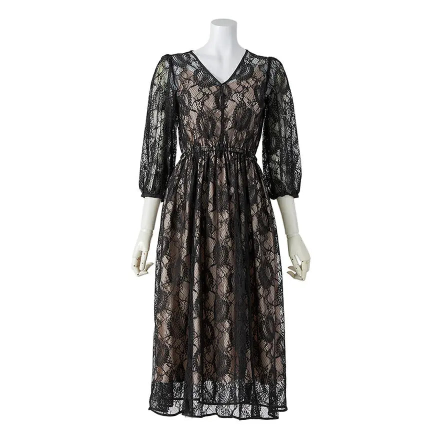 パーティードレス結婚式ワンピースドレスお呼ばれ袖あり半袖体型カバージョーゼットスカラップレースウエストゴム膝丈ミモレ丈パーティー披露宴謝恩会同窓会成人式フォーマルレディース服即日配送