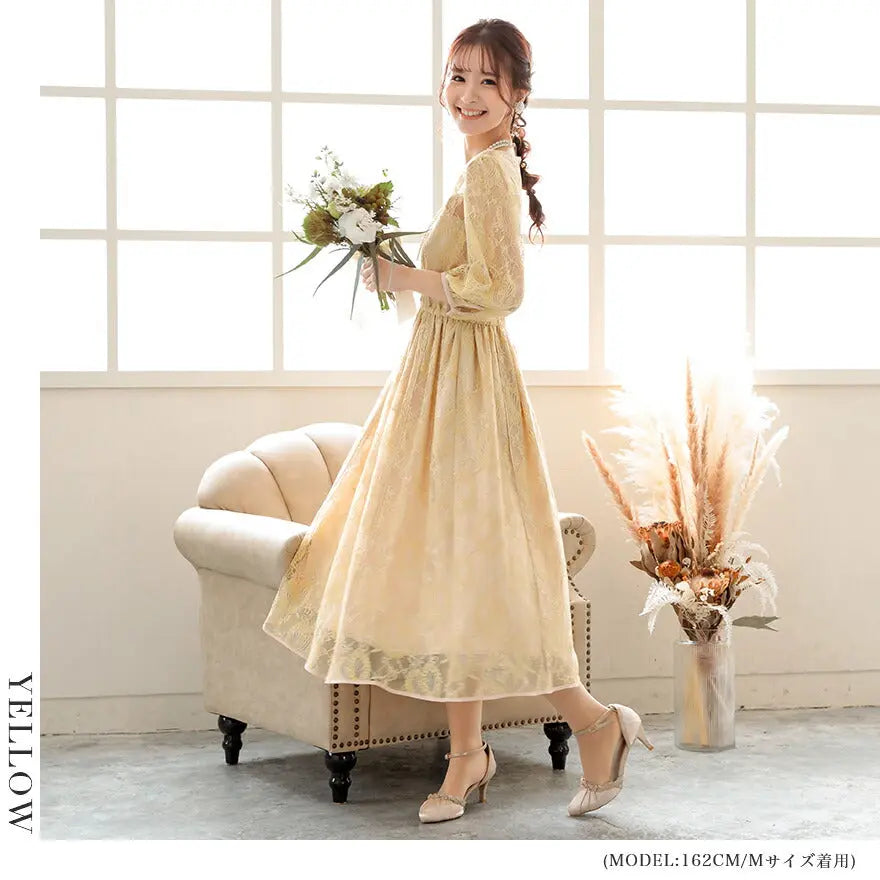 パーティードレス 結婚式 ワンピース ドレス 春夏 袖あり ロング丈 総レース 大きいサイズ 花柄 チュール ロング 透け感 ウエストゴム 7分袖 オケージョン 二次会 謝恩会 成人式 同窓会 体型カバー パーティードレス通販TwinkleGIrls